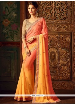 Orange And Yellow Patch Border Work Faux Georgette Shaded Saree