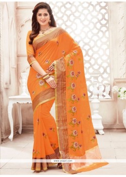 Chanderi Cotton Orange Print Work Classic Saree