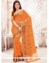 Chanderi Cotton Orange Print Work Classic Saree