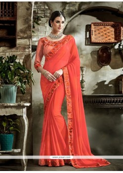 Embroidered Work Orange Classic Designer Saree