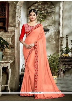 Peach Patch Border Work Faux Georgette Classic Saree