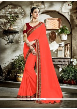 Orange Embroidered Work Faux Georgette Designer Saree