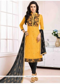 Print Work Cotton Yellow Churidar Suit