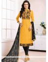 Print Work Cotton Yellow Churidar Suit