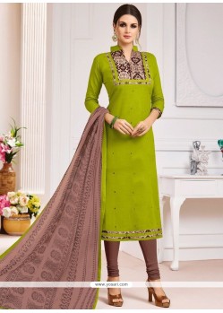 Green Embroidered Work Cotton Churidar Suit