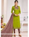 Green Embroidered Work Cotton Churidar Suit