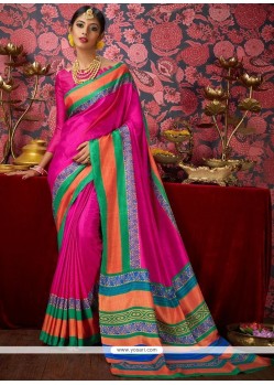 Hot Pink Print Work Fancy Fabric Casual Saree