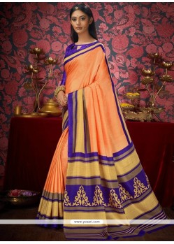 Orange Print Work Casual Saree