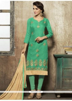 Sea Green Embroidered Work Cotton Churidar Designer Suit