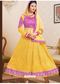 Pink And Yellow Net Anarkali Suit