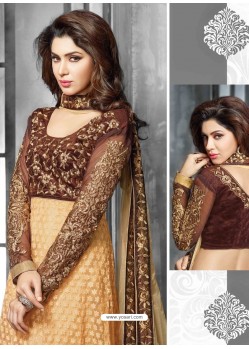 Cream And Brown Net Anarkali Suit