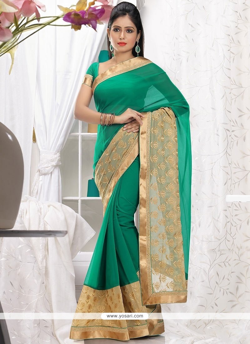 Lovely Beige And Green Faux Chiffon Saree
