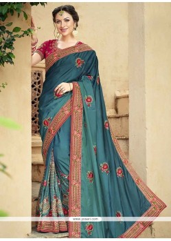 Fancy Fabric Teal Resham Work Classic Designer Saree