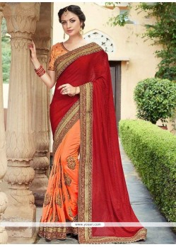 Peach And Red Fancy Fabric Designer Half N Half Saree