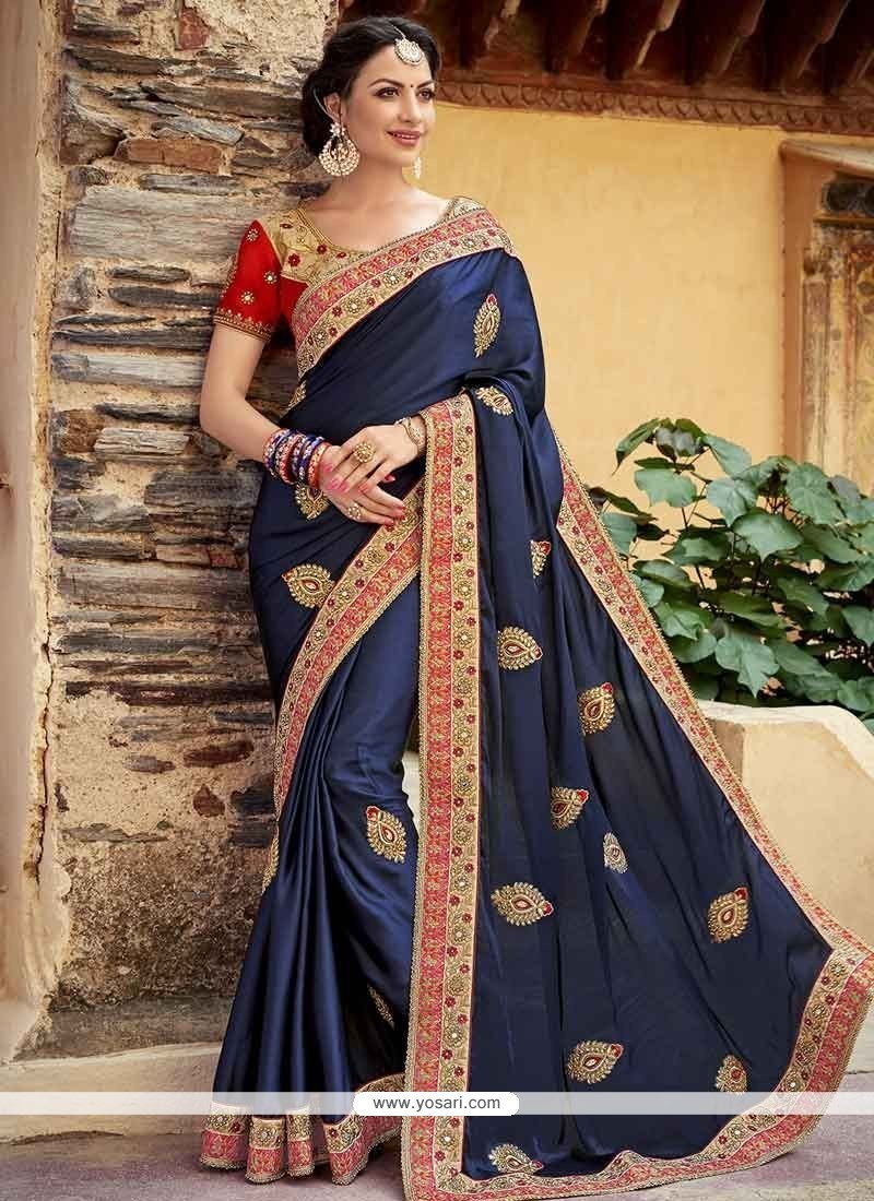 French Navy Blue Organza Designer Saree - Clothsvilla