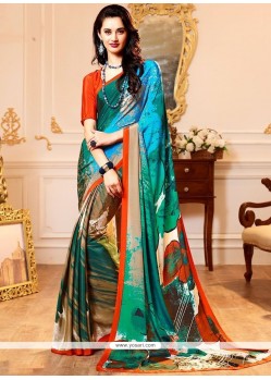 Multi Colour Print Work Faux Georgette Printed Saree