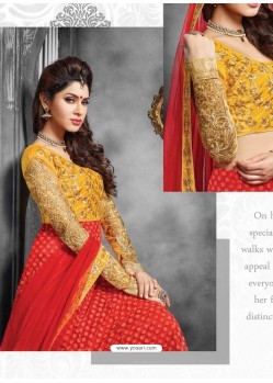 Red And Mustard Net Anarkali Suit