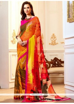 Multi Colour Print Work Faux Georgette Printed Saree