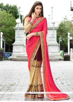 Faux Georgette Brown And Pink Half N Half Designer Saree