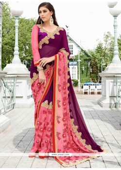 Faux Georgette Purple Patch Border Work Classic Saree