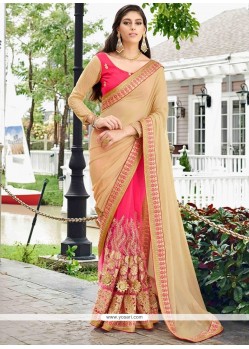 Embroidered Faux Georgette Half N Half Saree In Beige And Pink