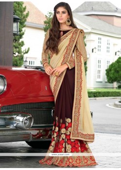 Beige And Brown Embroidered Work Designer Half N Half Saree