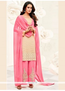 Resham Work Cream And Pink Designer Palazzo Suit