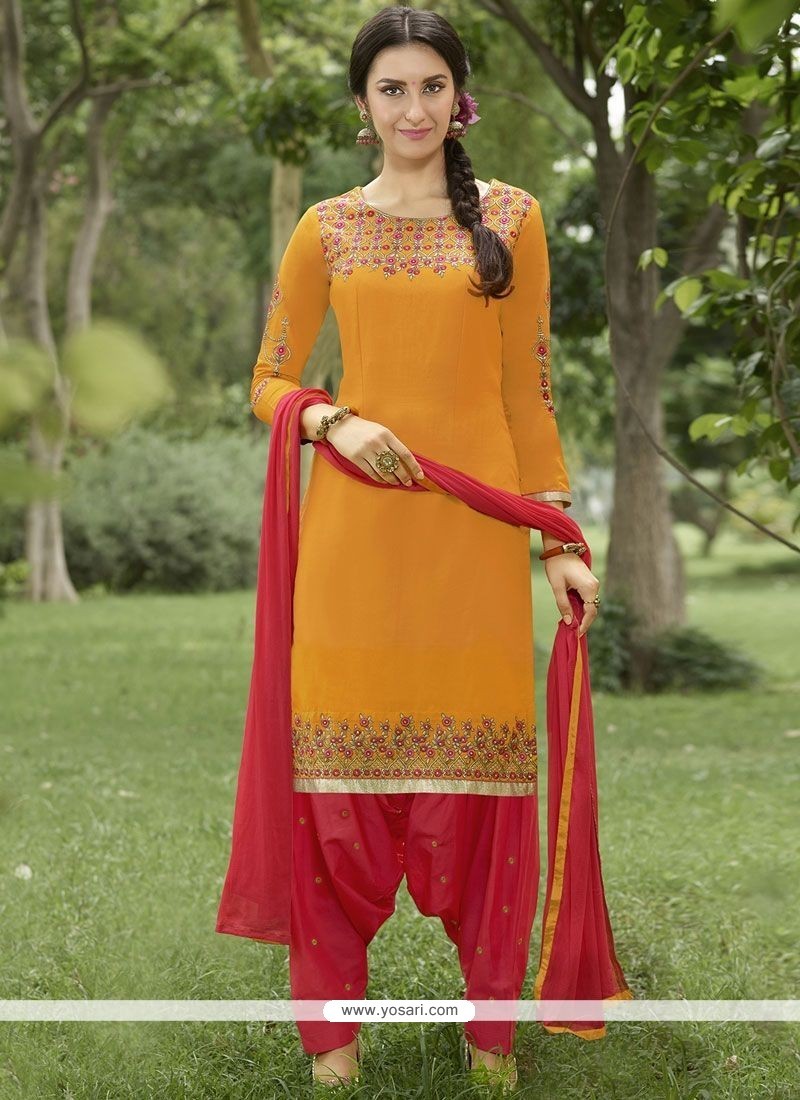 Buy Cotton Orange Lace Work Punjabi Suit | Punjabi Patiala Suits