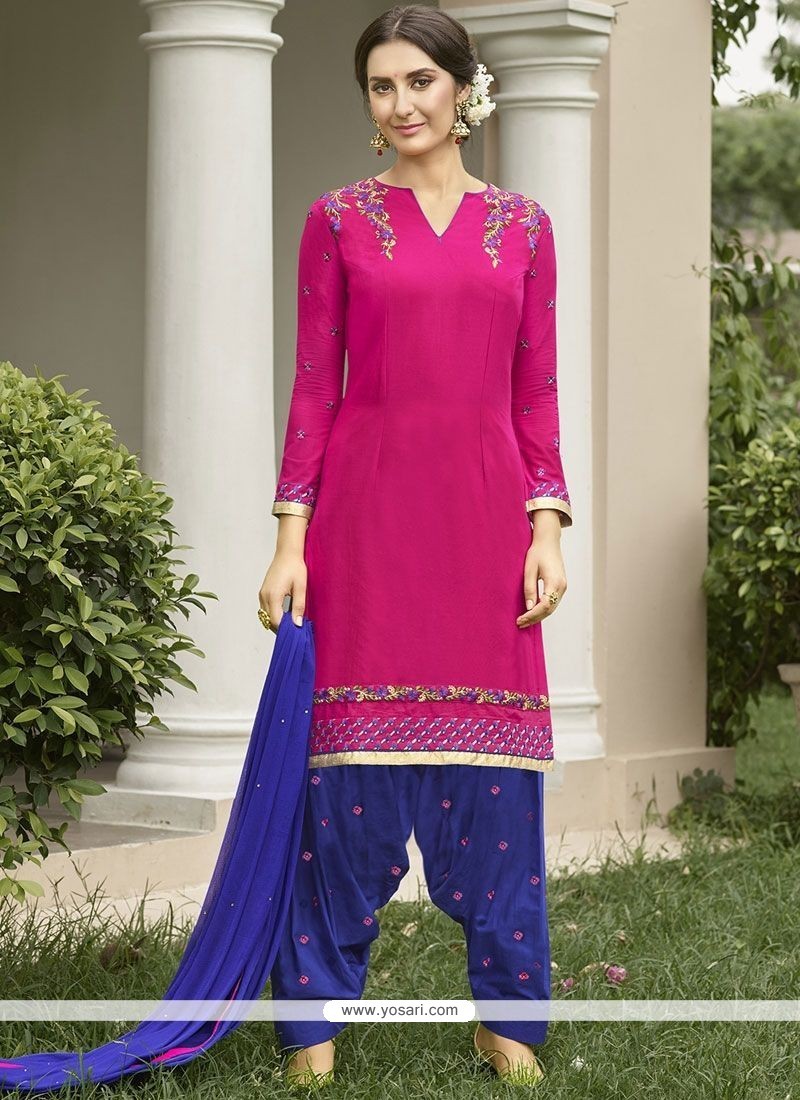 Buy Embroidered Work Cotton Hot Pink Punjabi Suit Punjabi Patiala Suits
