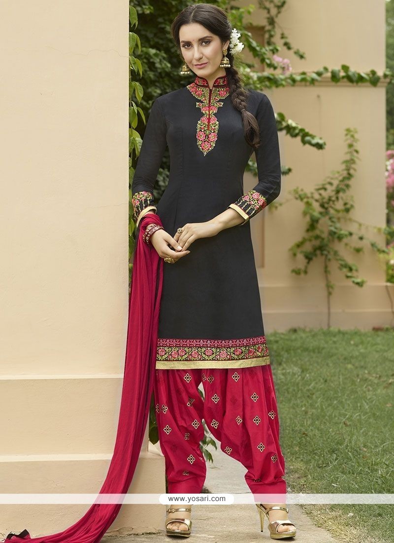 Buy Lace Cotton Punjabi Suit In Black | Punjabi Patiala Suits