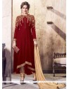 Lace Work Velvet Maroon Pant Style Suit