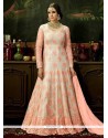 Resham Work Net Pink And White Floor Length Anarkali Suit