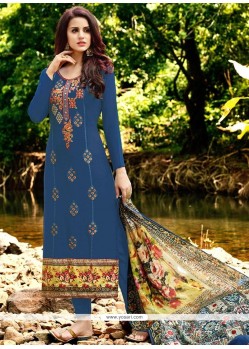 Blue Resham Work Faux Georgette Designer Straight Suit