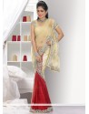 Elite Cream And Red Shade Net Ready Pleated Saree