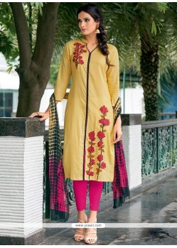 Yellow Embroidered Work Cotton Churidar Suit