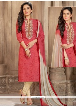 Resham Work Pink Cotton Churidar Suit