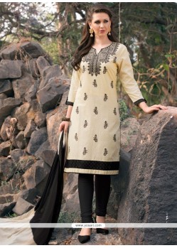 Cream Resham Work Cotton Churidar Suit