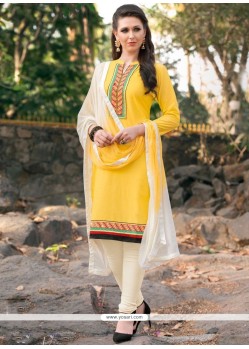 Cotton Yellow Resham Work Churidar Suit