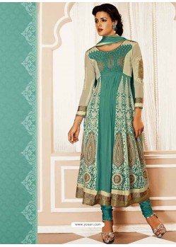 Cream And Green Georgette Churidar Suit