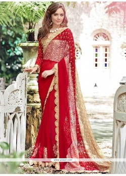 Patch Border Work Red Designer Saree