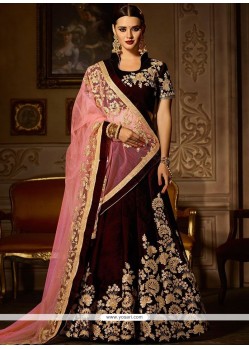 Wine Resham Work Velvet A Line Lehenga Choli