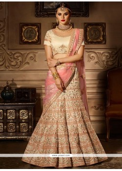 Lace Work Beige And Pink Banglori Silk A Line Lehenga Choli