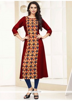 Red Print Work Casual Kurti