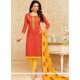 Orange Embroidered Work Cotton Churidar Suit