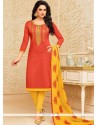 Orange Embroidered Work Cotton Churidar Suit