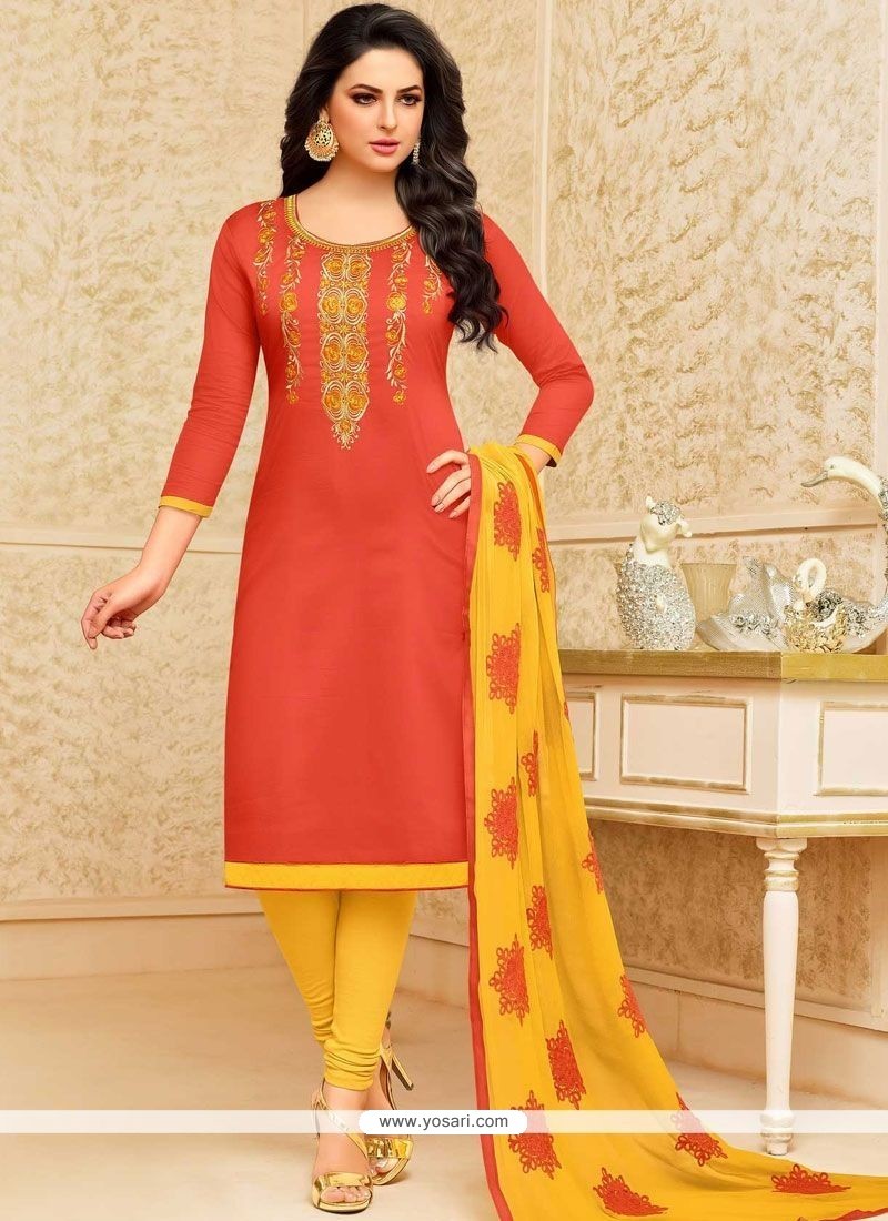 Buy Orange Embroidered Work Cotton Churidar Suit | Churidar Salwar Suits