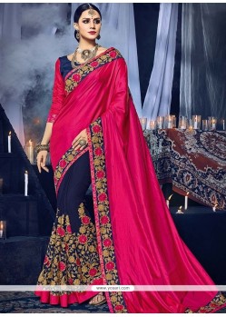 Art Silk Magenta And Navy Blue Embroidered Work Designer Half N Half Saree