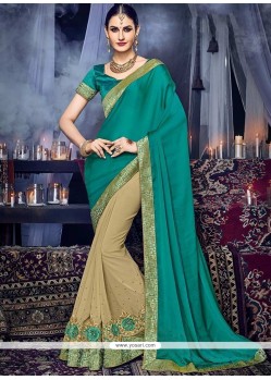 Faux Chiffon Beige And Sea Green Half N Half Designer Saree