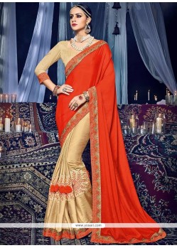 Faux Chiffon Beige And Red Half N Half Designer Saree