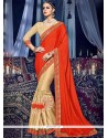 Faux Chiffon Beige And Red Half N Half Designer Saree